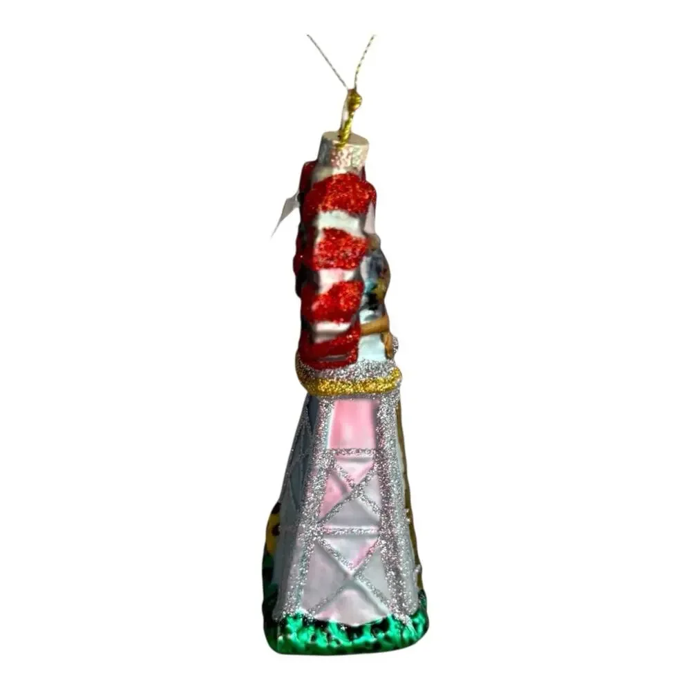 Farm Windmill Rustic Midwest‎ Glass Christmas Ornament Red Green White EUC
